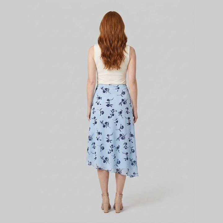 Elysia blue floral wrap midi skirt back view on model