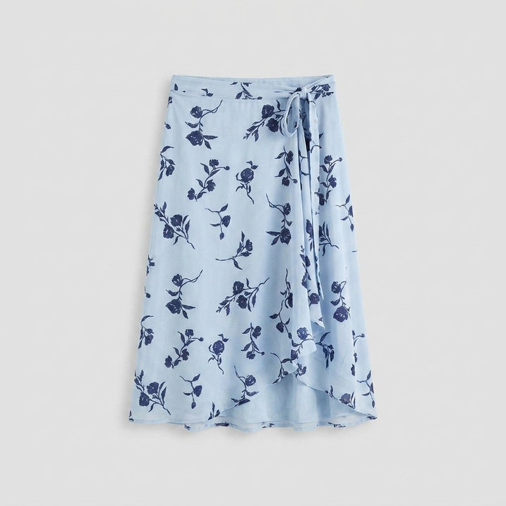 Elysia blue floral wrap midi skirt product flat lay