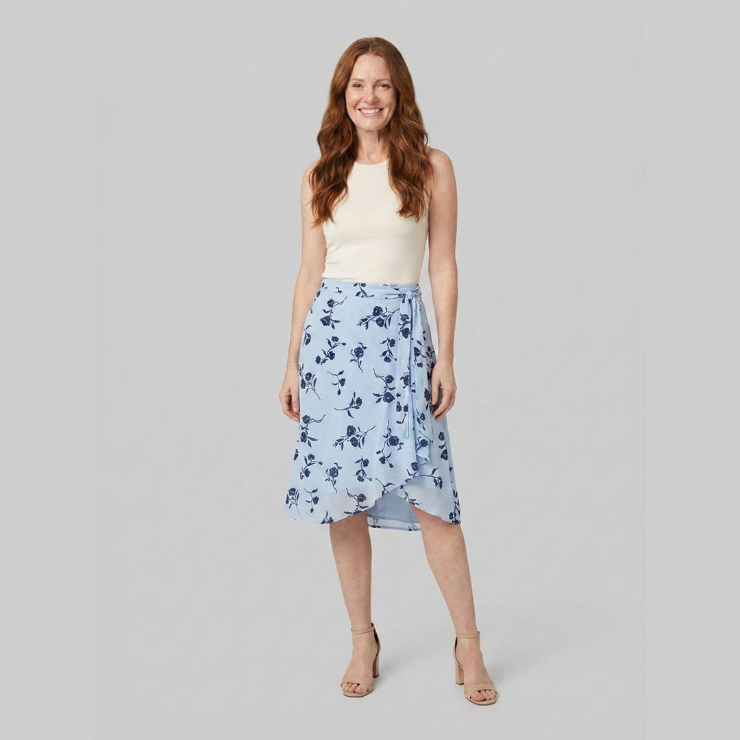 Elysia blue floral wrap midi skirt front on model