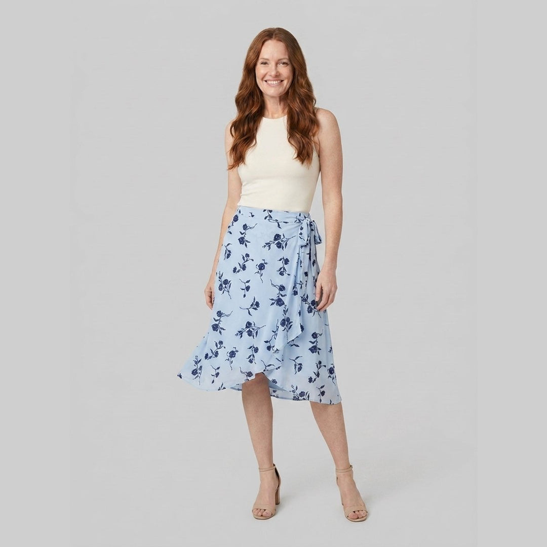 Elysia blue floral wrap midi skirt three-quarter pose on model