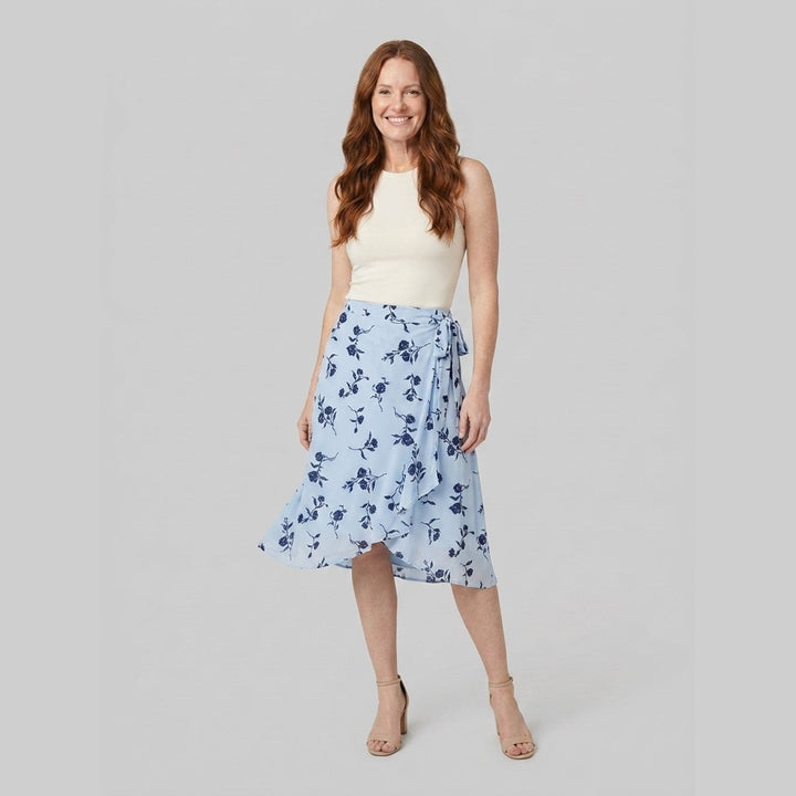 Elysia blue floral wrap midi skirt three-quarter pose on model