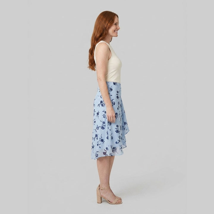Elysia blue floral wrap midi skirt side profile on model