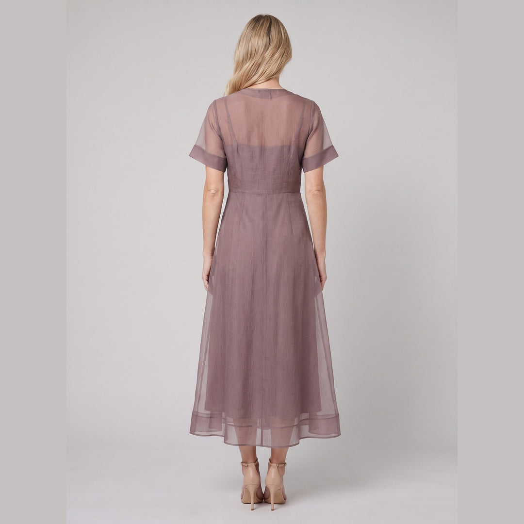 Mink organza Elysia midi dress, back view on model
