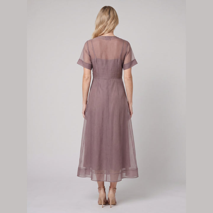 Mink organza Elysia midi dress, back view on model