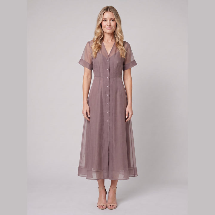 Woman in mink organza Elysia A-line midi dress, front view