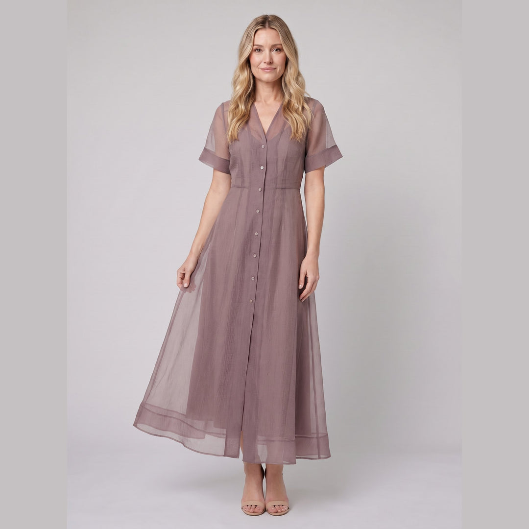 Mink organza Elysia midi dress on model, graceful pose