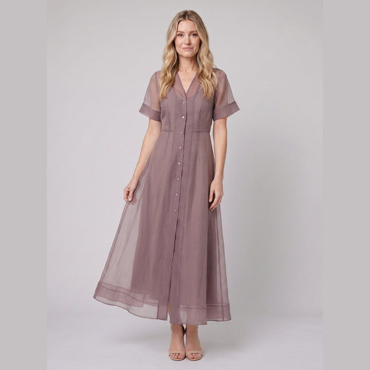 Mink organza Elysia midi dress on model, graceful pose