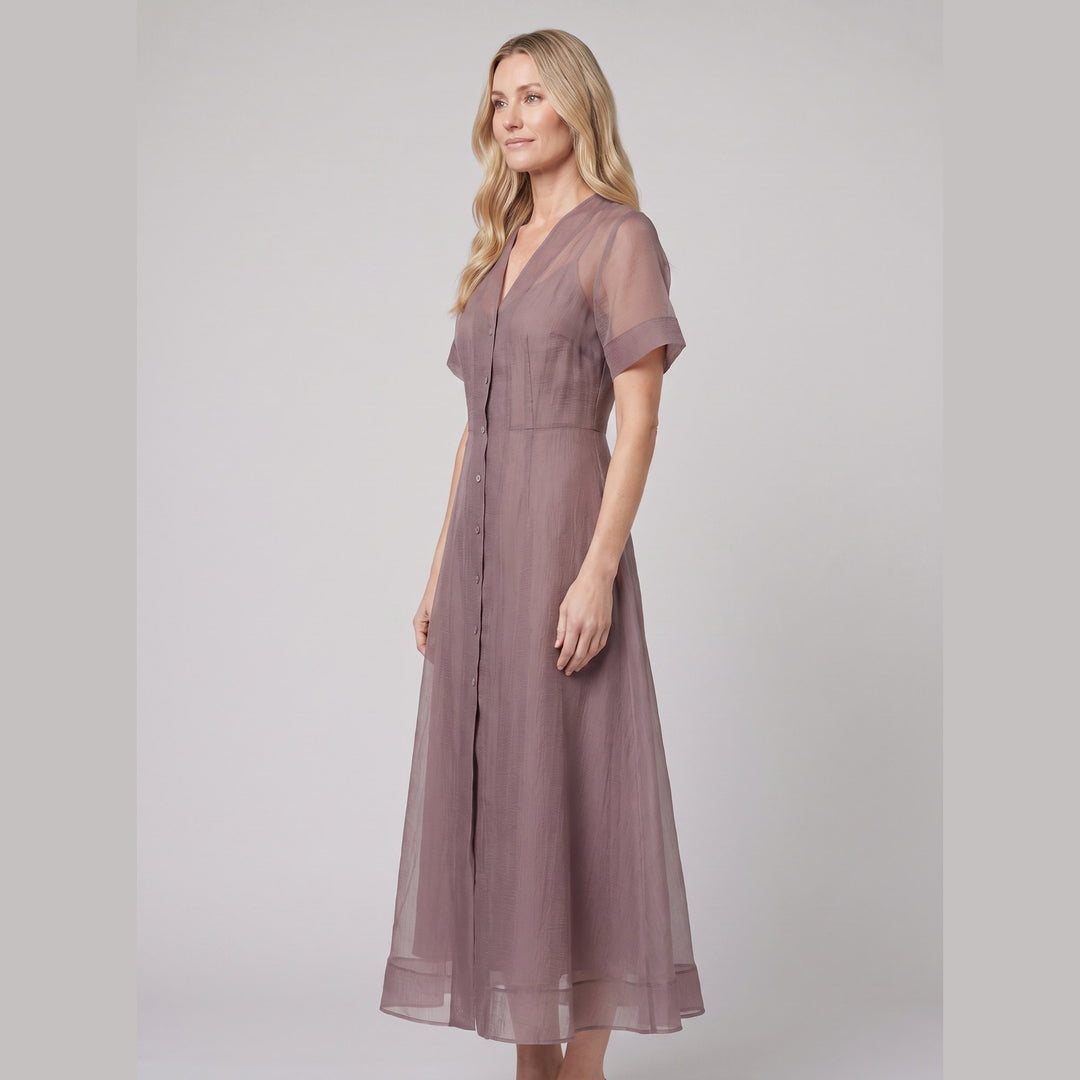 Mink organza Elysia midi dress, side view on model