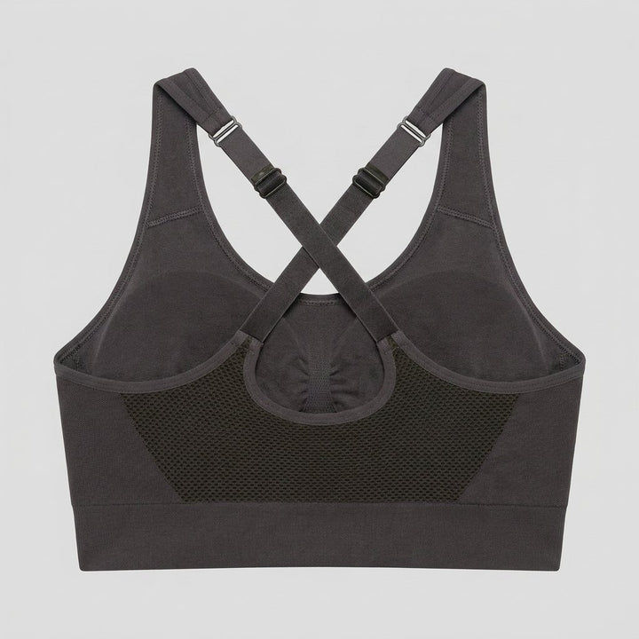Elysia Sports Bra charcoal cross-back mesh flat-lay
