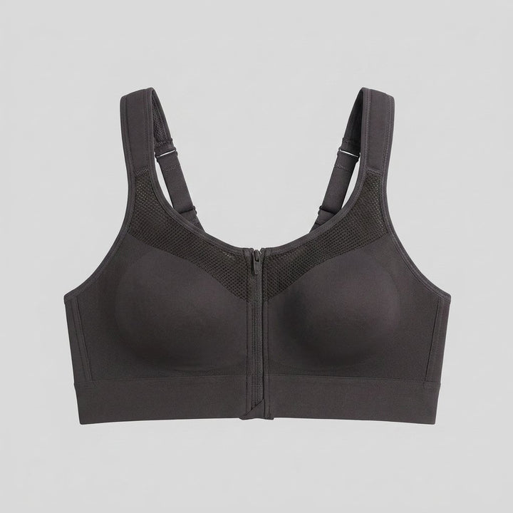 Elysia Sports Bra charcoal front zipper flat-lay