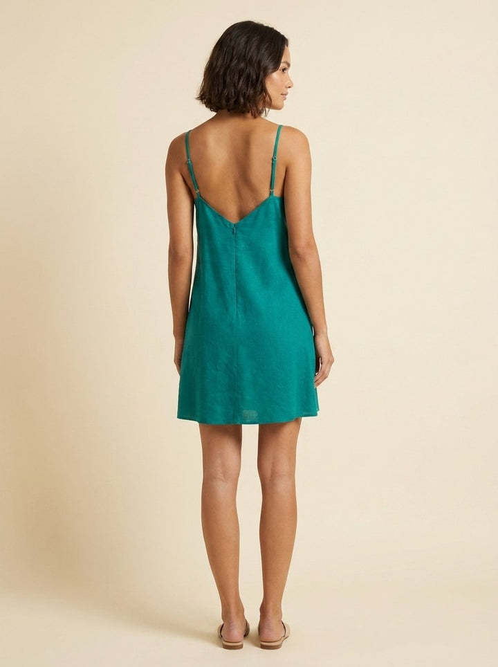 Elysia teal linen shift dress V-back