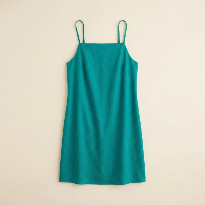 Elysia teal linen shift dress flat lay