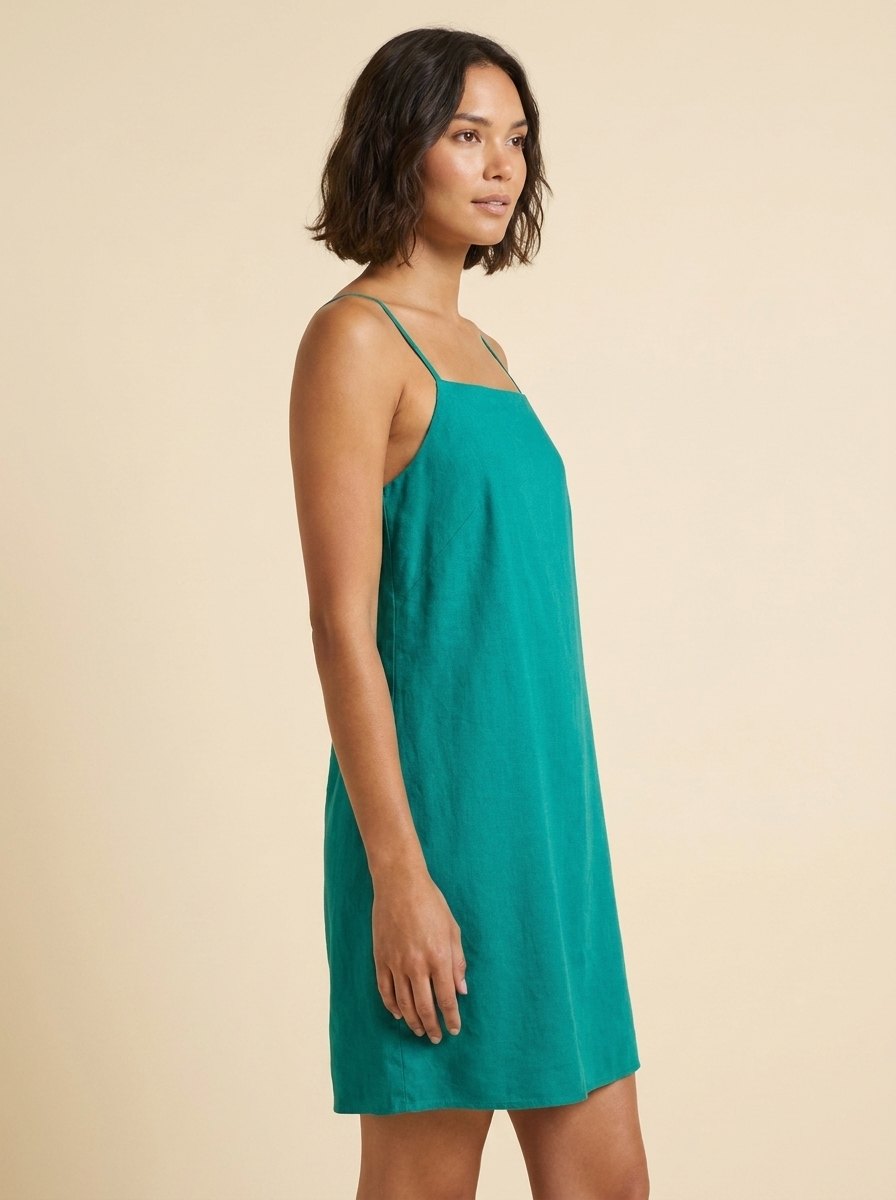 Elysia teal linen shift dress side