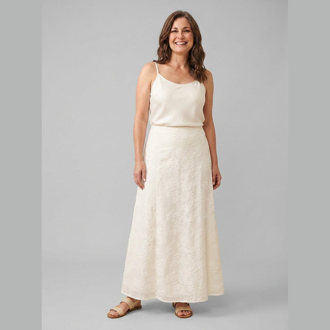 Elysian floral maxi skirt ivory front on model