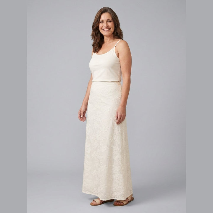 Elysian floral maxi skirt ivory side angle on model