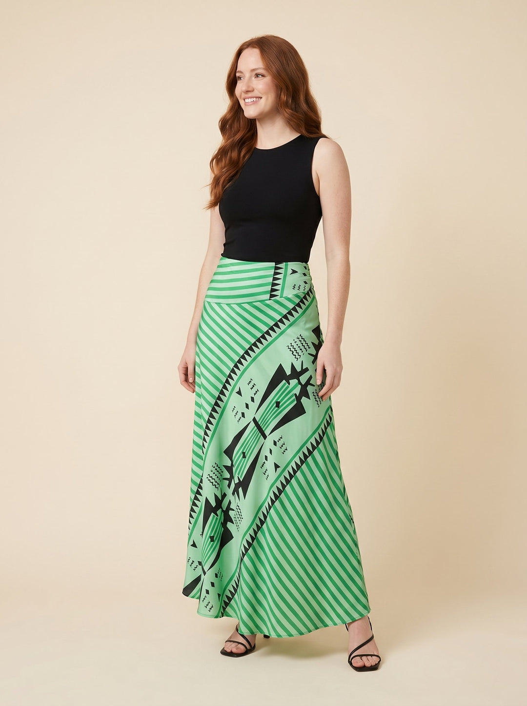 Elysian satin geometric maxi skirt green