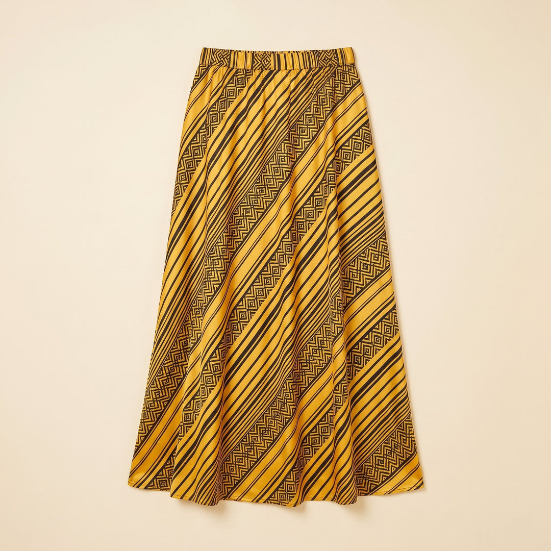 Elysian satin geometric maxi skirt product flat lay