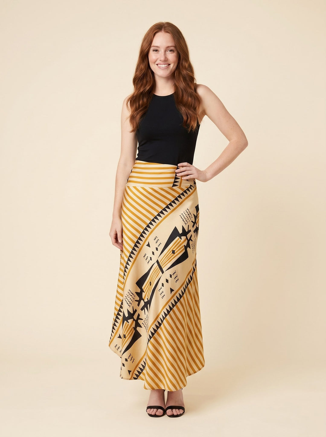 Elysian satin geometric maxi skirt yellow