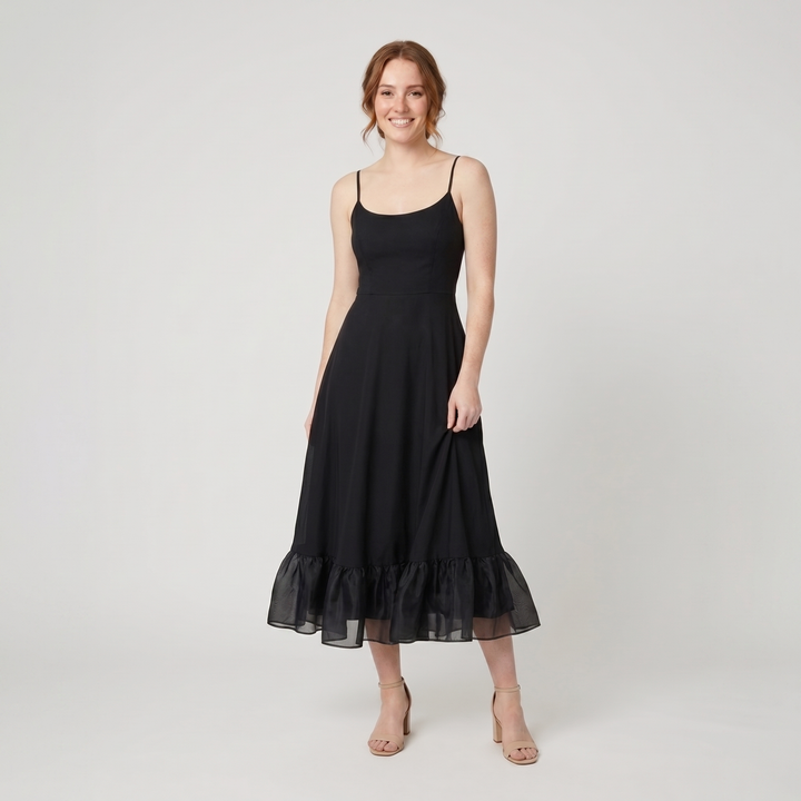 Elysian black ruffle-hem A-line dress on model