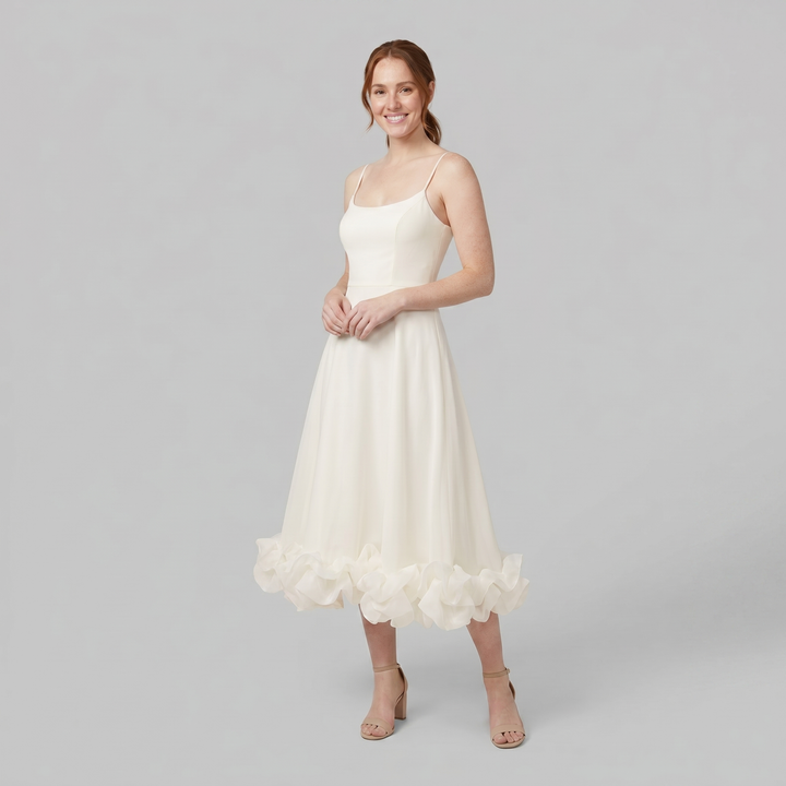 Elysian cream ruffle-hem A-line dress on model