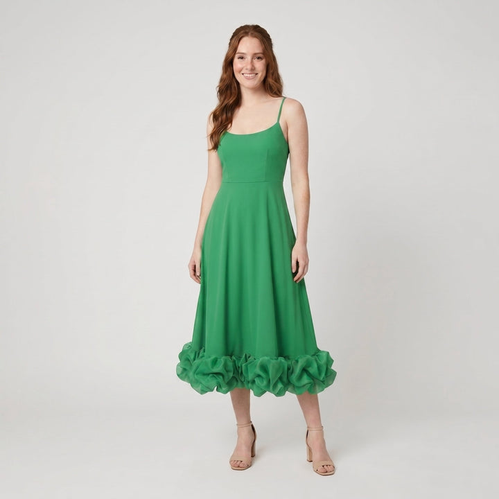 Elysian green ruffle-hem A-line dress on model