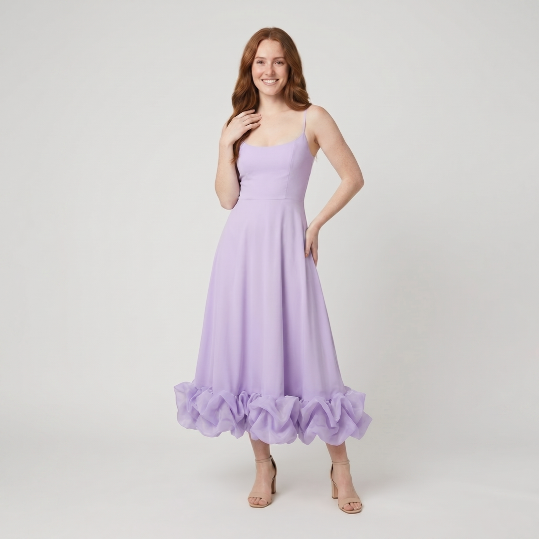 Elysian lavender ruffle-hem A-line dress on model
