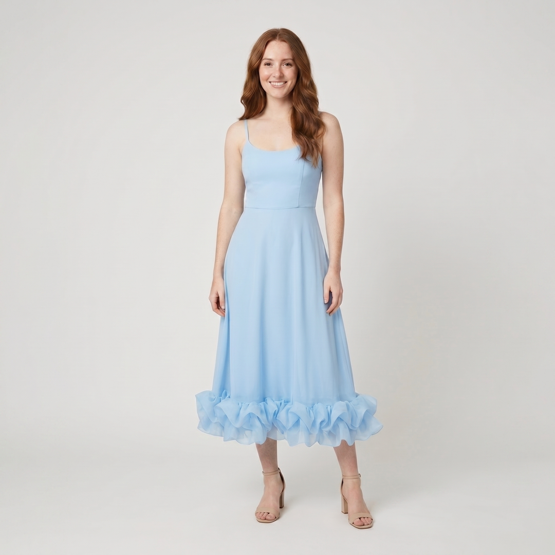 Elysian light blue ruffle-hem A-line dress on model