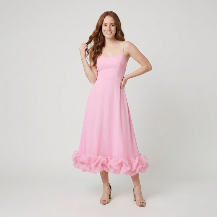 Elysian pink ruffle-hem A-line dress on model