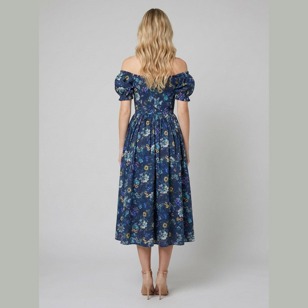 Elysian tapestry dress blue back view on model