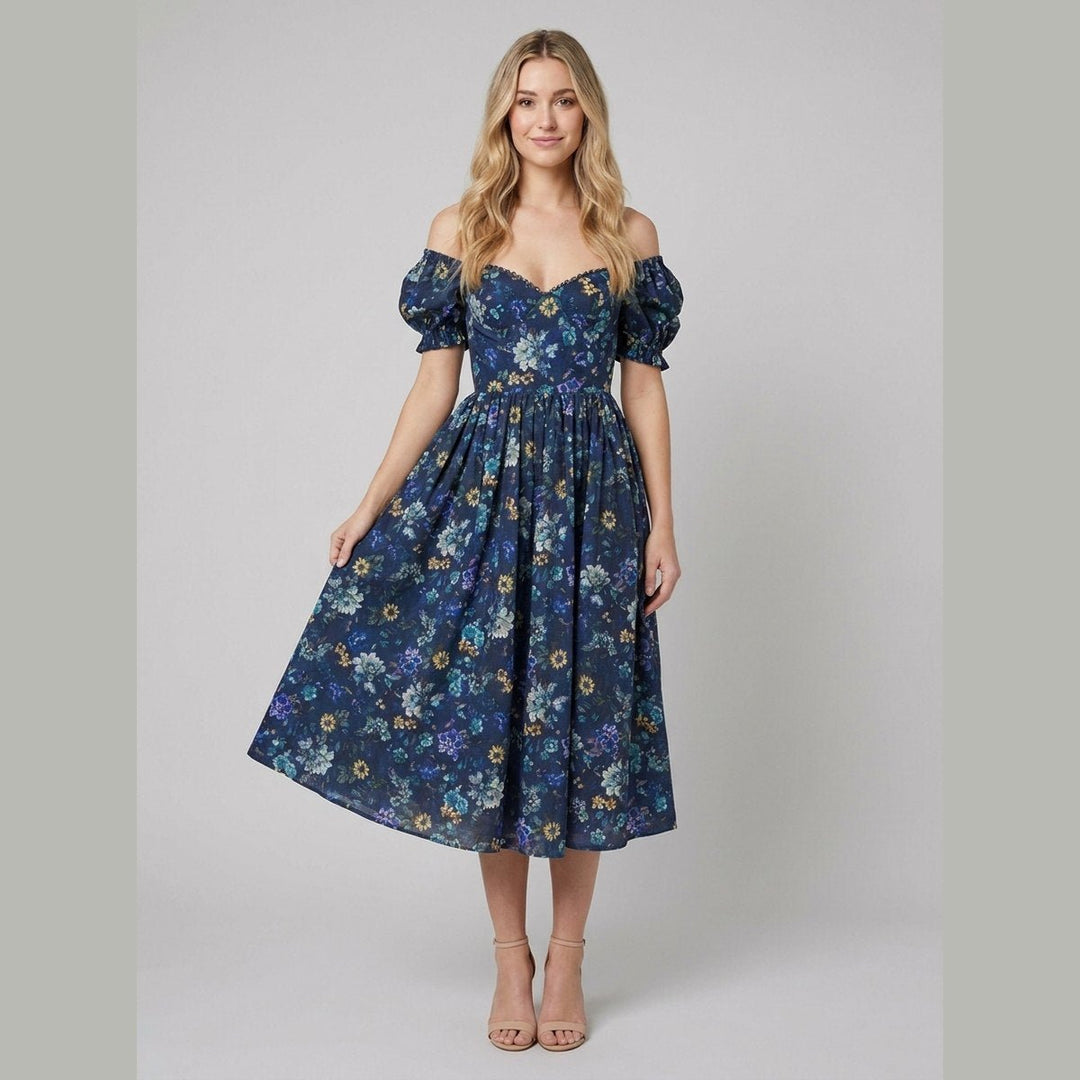 Elysian tapestry dress blue front on model