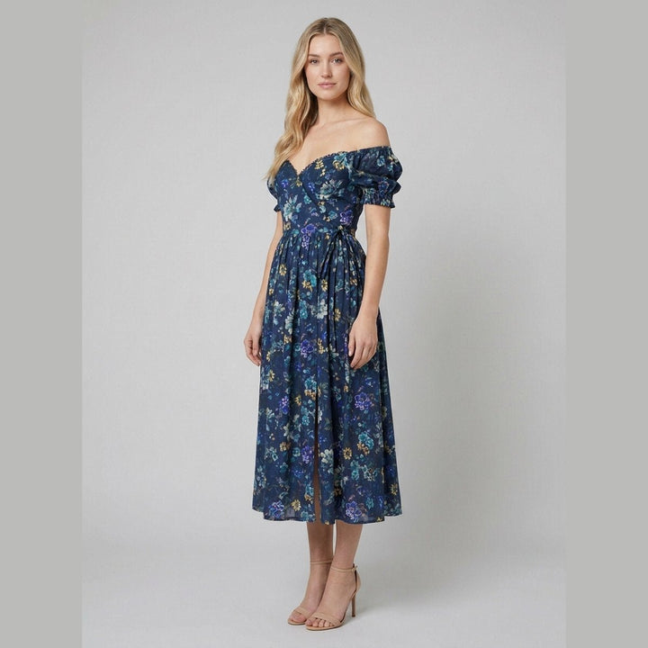 Elysian tapestry dress blue side angle on model