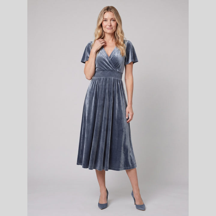 Grey blue velvet V-neck short sleeve midi dress - The store Vancouver