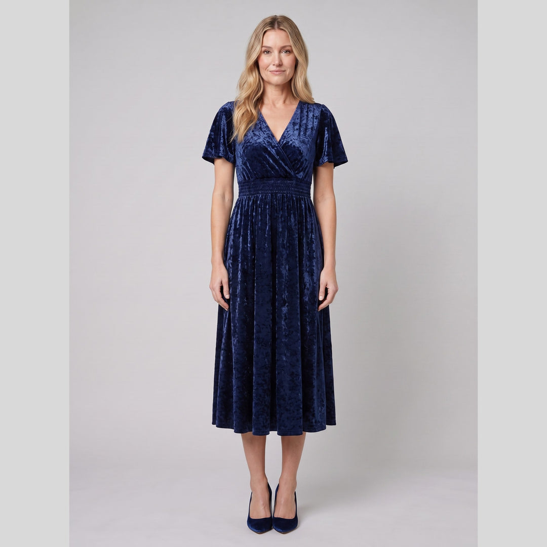 Navy blue velvet V-neck short sleeve midi dress - The store Vancouver