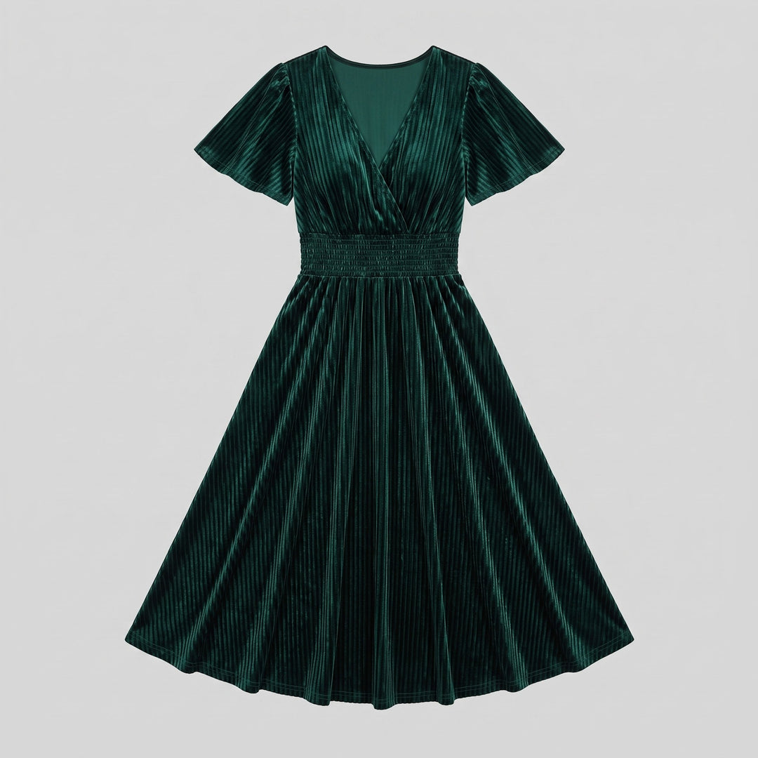 Dark green velvet midi dress flat lay product photo - The store Vancouver