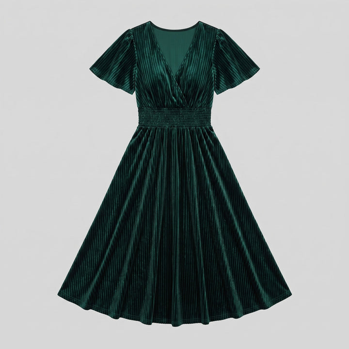 Dark green velvet midi dress flat lay product photo - The store Vancouver