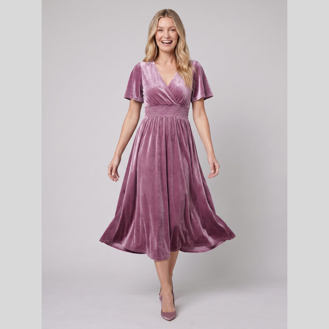 Purple orchid velvet V-neck short sleeve midi dress - The store Vancouver