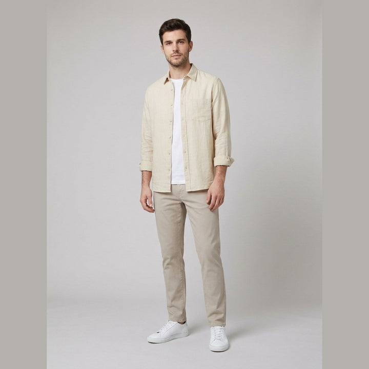 Emile cream beige cotton-linen button-up shirt on male model