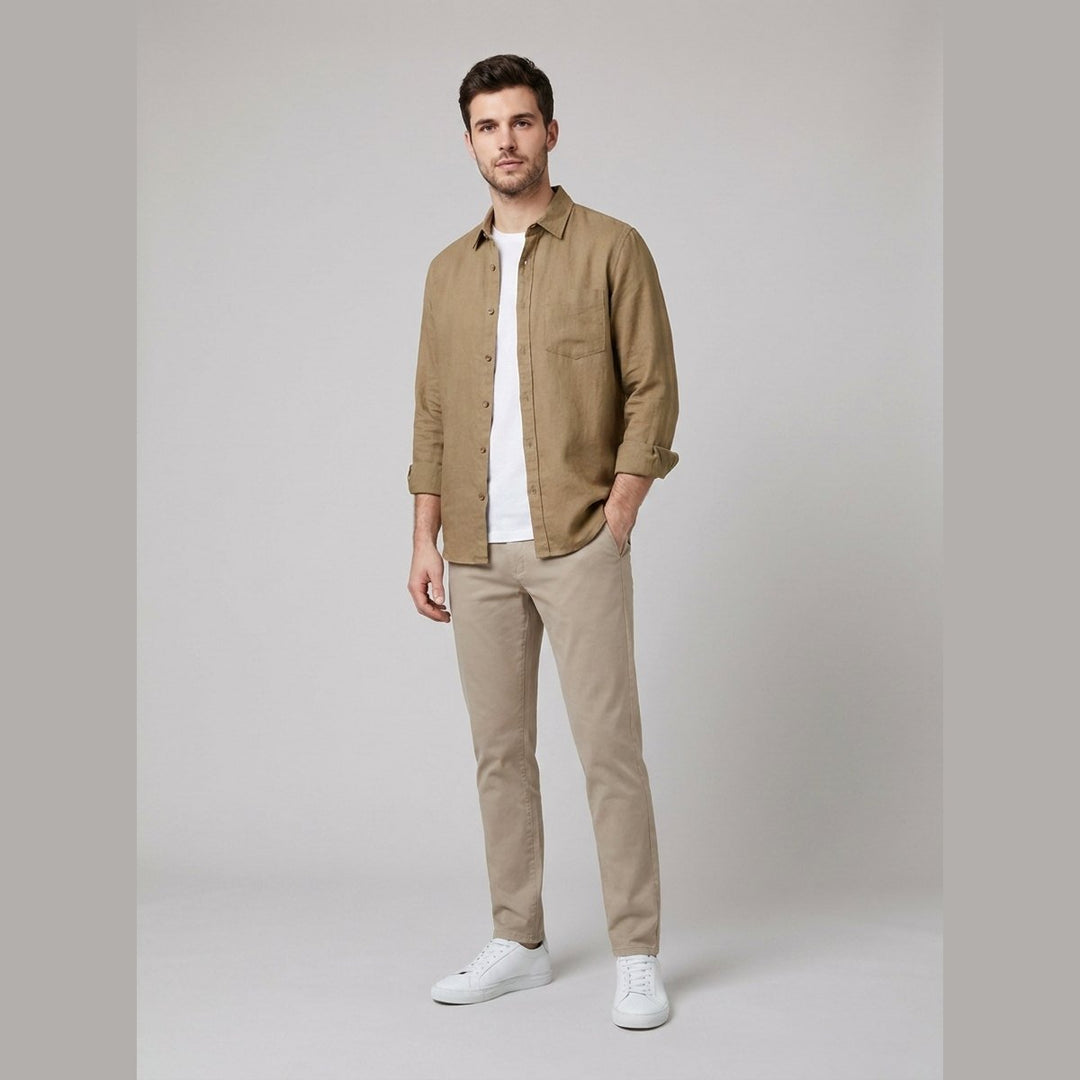 Emile khaki brown cotton-linen button-up shirt on male model