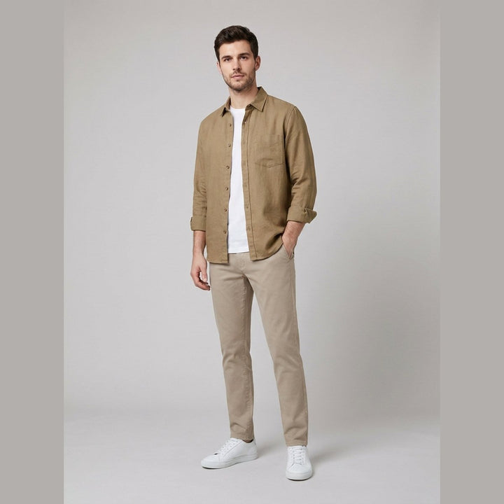 Emile khaki brown cotton-linen button-up shirt on male model