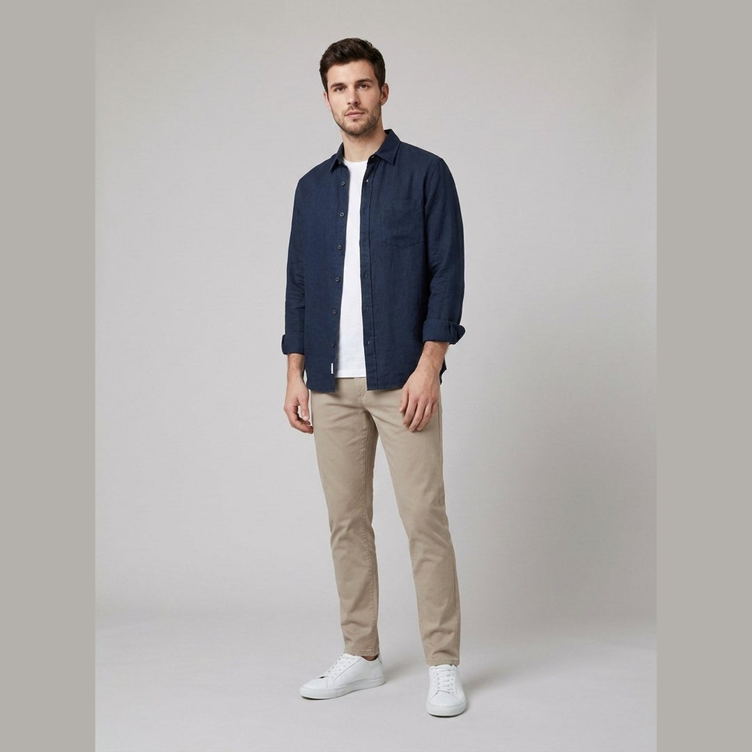 Emile navy blue cotton-linen button-up shirt on male model
