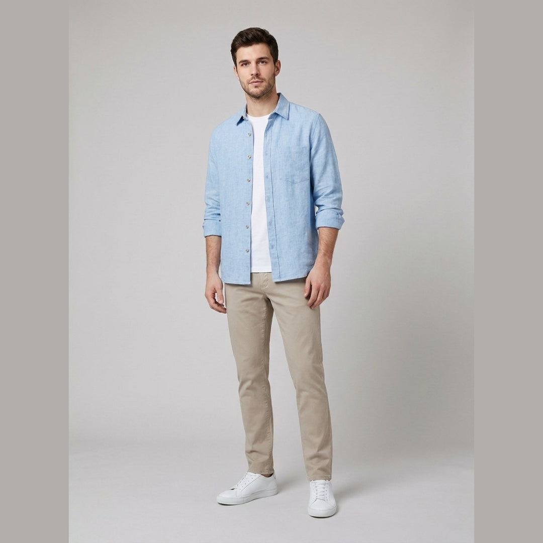 Emile sky blue cotton-linen button-up shirt on male model