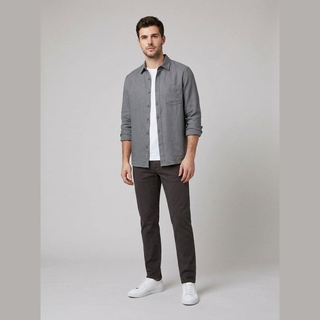 Emile slate grey cotton-linen button-up shirt on male model
