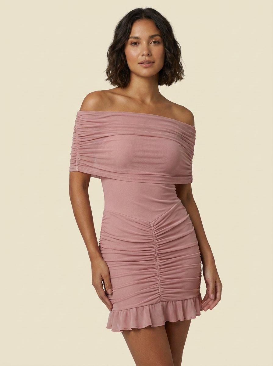Emmeline ruched lace mini dress pink on model