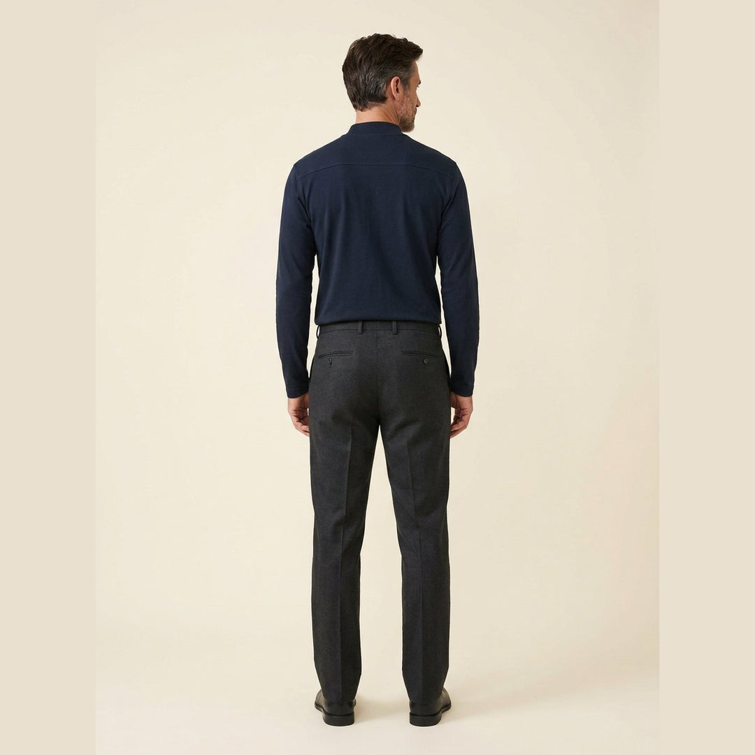 Everett navy mock-neck long-sleeve tee, back view on model