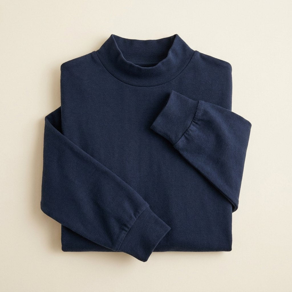 Everett navy mock-neck long-sleeve tee, flat lay