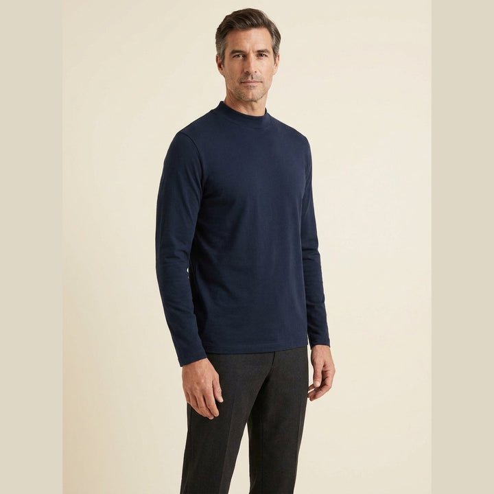 Everett navy mock-neck long-sleeve tee, three-quarter walking pose