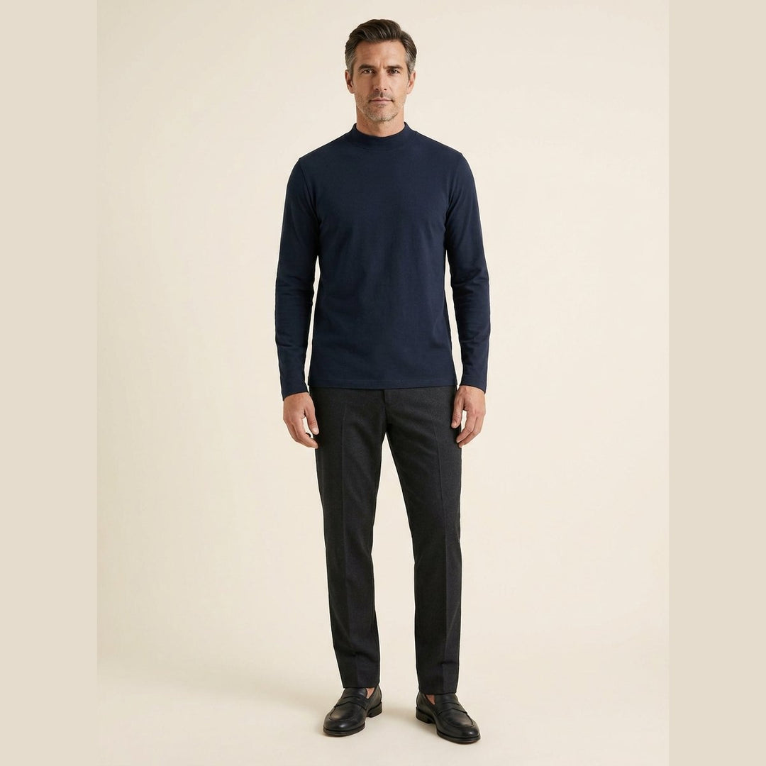 Everett midnight navy mock-neck long-sleeve tee, front view on model