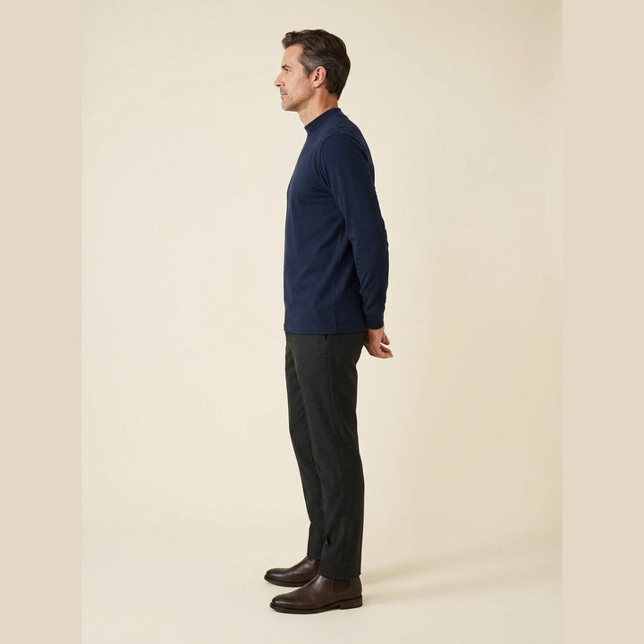 Everett navy mock-neck long-sleeve tee, side profile on model