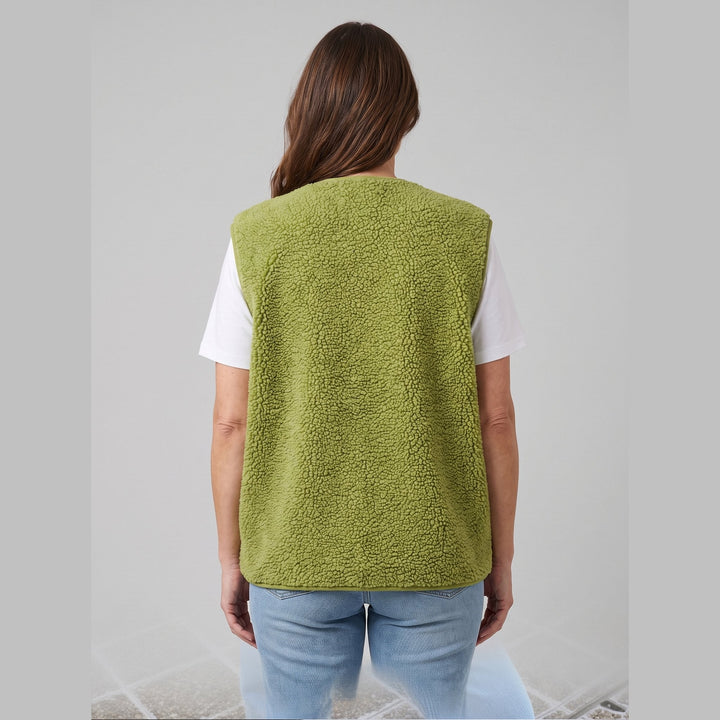 Faustine sherpa fleece vest in olive green, back view