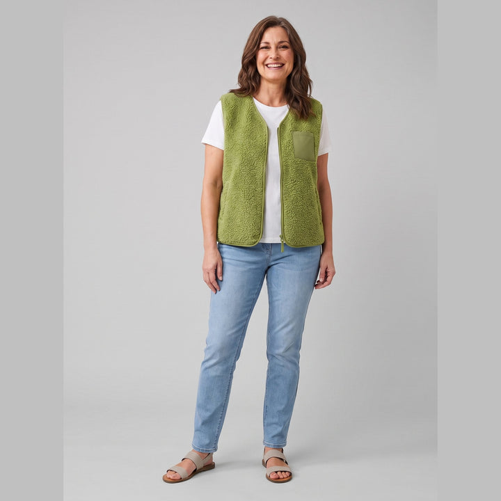 Faustine sherpa fleece vest in olive green, front view